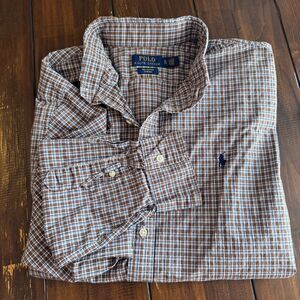 Polo Ralph Lauren Brown Blue Plaid 100% Cotton Button Down Shirt Size XL EUC